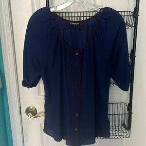 Express Womens Short Sleeve Blouse Navy Blue with Brown Trim Size M Lightly Worn